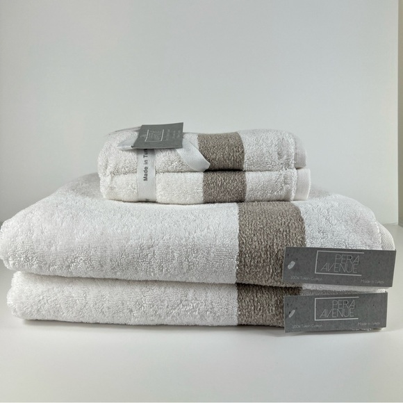 Pera Avenue Luxe 100% Turkish Cotton Bath Towel Set - Cream & Tan - 4 Pieces NEW - Picture 1 of 9